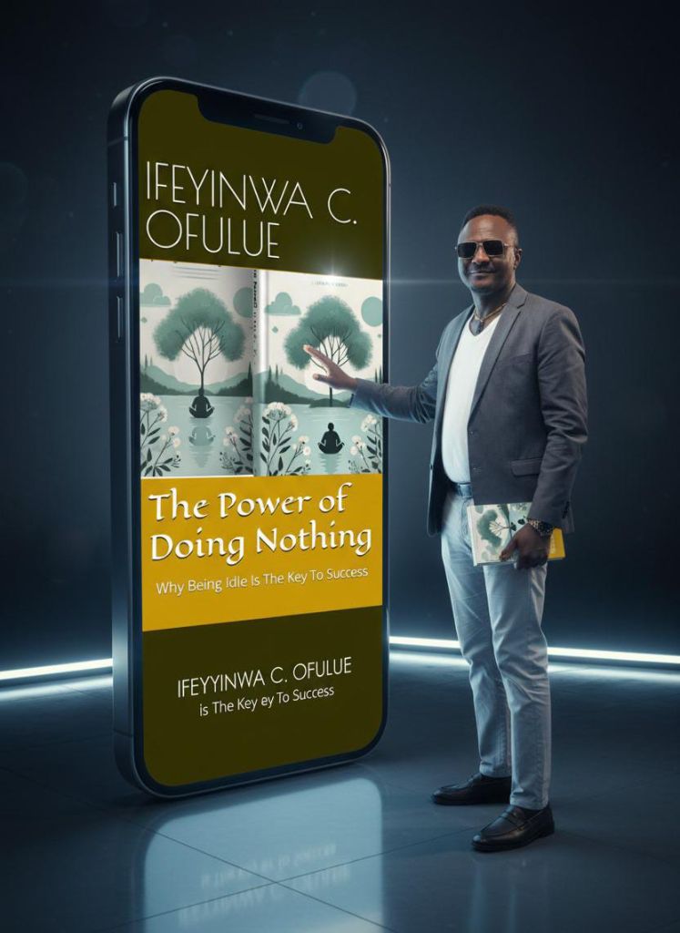 Author showcasing the book on a large smartphone